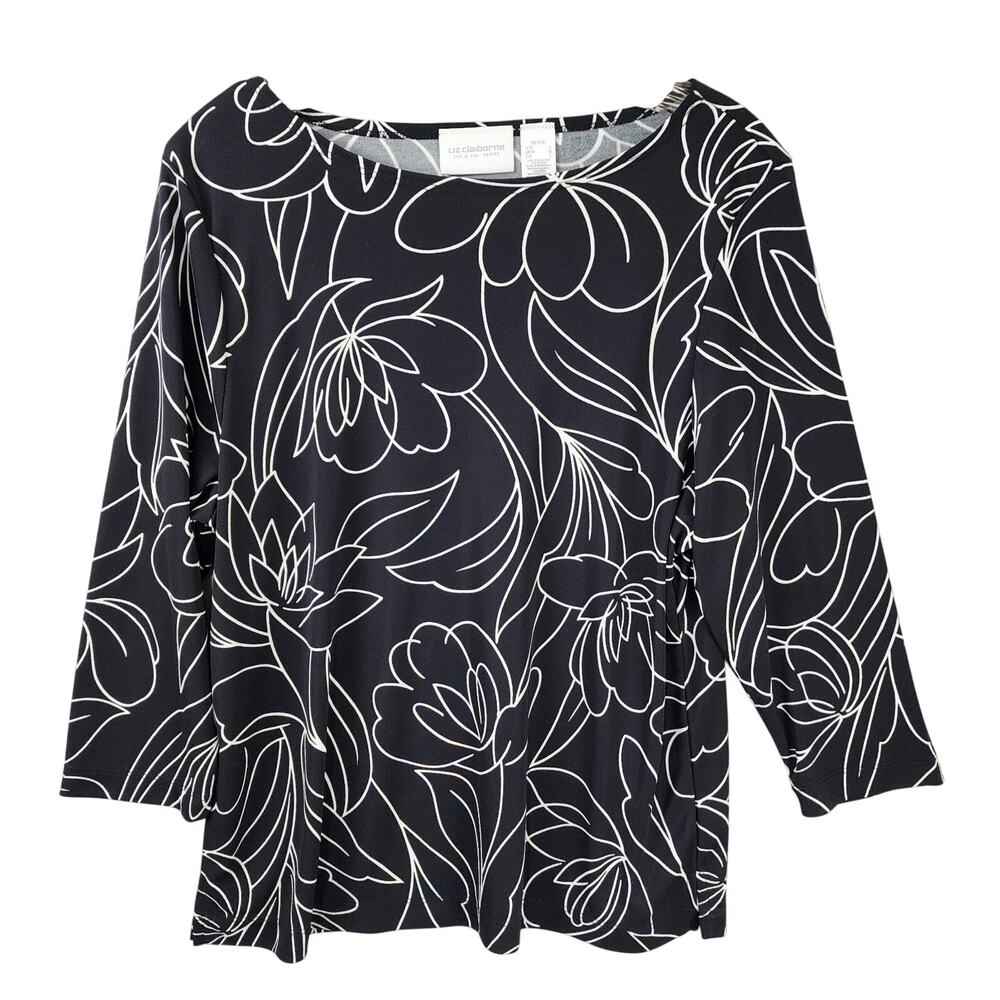 Liz & Co Petite Top Women Large Black White Floral 3/4 Sleeve Lightweight